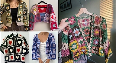 Crochet square knitted flower pattern half jackets/crochet colourful shrug design ideas