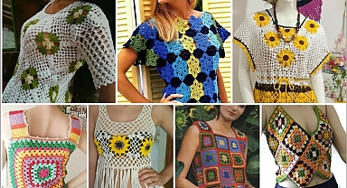 Trendy designer fancy cotton yarn granny square pattern women fashion Crop top, beige blouse dress